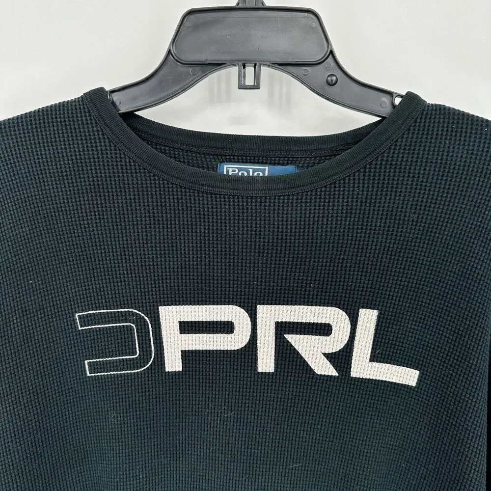 Vtg Polo Ralph Lauren Shirt CZ Mens L Black White Waffle‎ Knit 90s Y2K Mall Goth